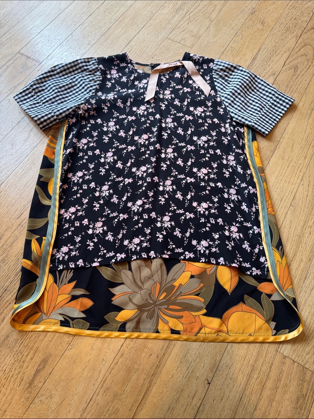 No. 21 Black Silk Top with Mustard and Gold Floral Print, size medium